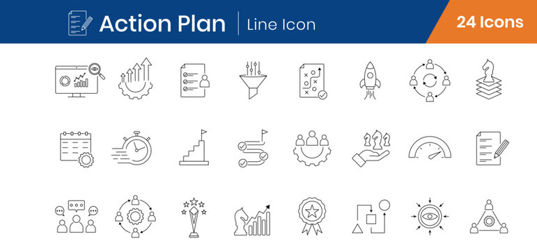 Action Plan Outline Icons Set of 24. Strategy, Checklist, Goals, Workflow, Timeline Linear Vector Pack Editable Stroke