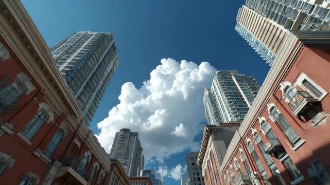 Urban Ascendancy: A low-angle shot showcases imposing skyscrapers piercing the vibrant blue sky, contrasting against classic brick facades.