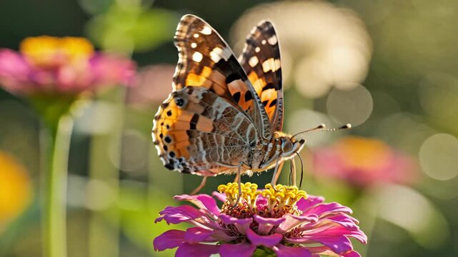 Close-up of a Painted Lady butterfly on a pink zinnia flower in a sunny garden