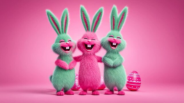 Easter party: Easter bunnies dancing surrounded by colorful Easter eggs, an animated video for greeting cards, festive events, and Easter celebrations.