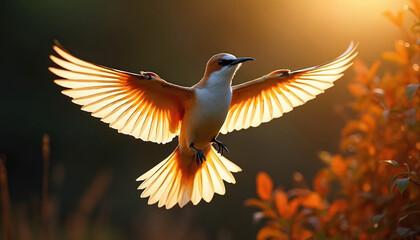 Fototapeta premium Scissor-tailed flycatcher bird flies gracefully with wings spread wide. Sunlight backlights delicate feathers creating a warm glowing effect. Focus on natural wild beauty of avian in flight.