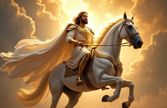 Jesus Christ on white horse rides through clouds. He wears gold armor and white cape. This represents victory over sin and evil. His second coming is near.