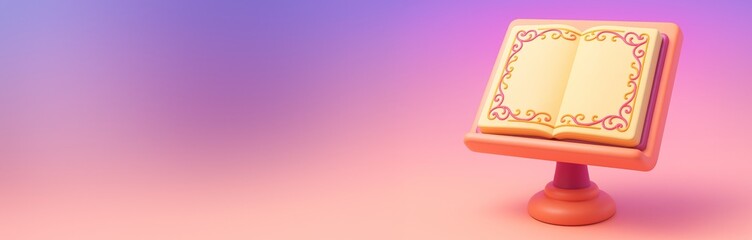 Naklejka premium Open decorative book on a pedestal with ornate border, placed against soft purple pink gradient background, ideal for mockup or design template use. Ai generative