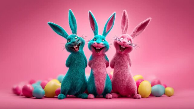Easter party: Easter bunnies dancing surrounded by colorful Easter eggs, an animated video for greeting cards, festive events, and Easter celebrations.