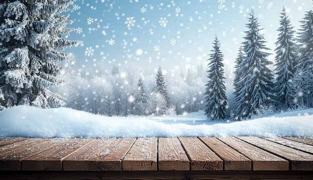 Winter forest landscape with snow-covered pine trees, wooden table surface in foreground, falling snowflakes
