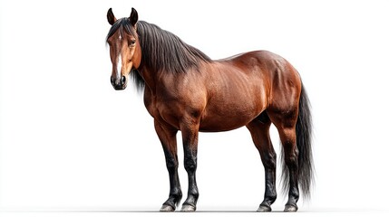 Obraz premium Majestic brown horse with a flowing mane stands proudly on a clean white background