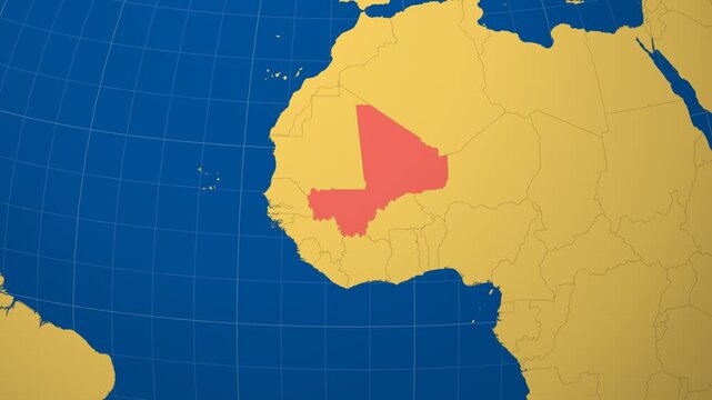 Mali on Globe. Animated zoom into the country in Ocean Blue Golden Yellow color palette. Mali logo animation. Map with meridians, parallels. Modern video.