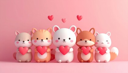 Naklejka premium Cute Valentine animals, minimal shapes holding heart icons, flat design 
