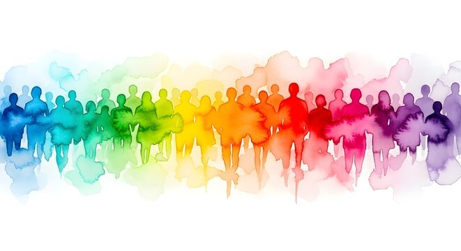 Diverse group of people silhouetted against a vibrant watercolor background representing unity and inclusivity in society