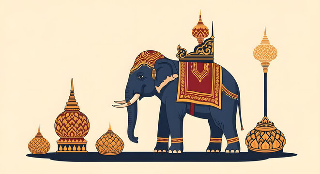 Ornate Elephant with Decorative Howdah and Fixtures.