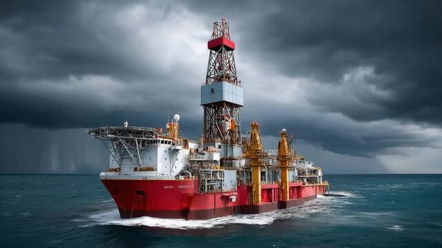 Offshore Drilling Rig Amidst Storm: A massive oil drilling rig boldly navigates the open sea under a dramatic stormy sky, a symbol of industrial might and resource exploration.