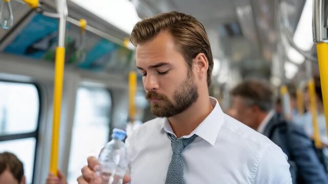 Thirsty Commuter in Motion: A focused individual quenches his thirst on a public transport, embodying the hustle of everyday transit. Capturing a moment of refreshing respite amidst the daily grind.