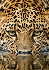 Obraz premium Close Up View Of A Leopard With Intense Green Eyes Peering Over The Surface Of Still Dark Reflective Water