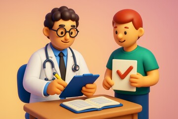 Fototapeta premium Cartoon-style doctor and patient discussing medical results at desk with clipboard and book on soft gradient light background concept. Ai generative