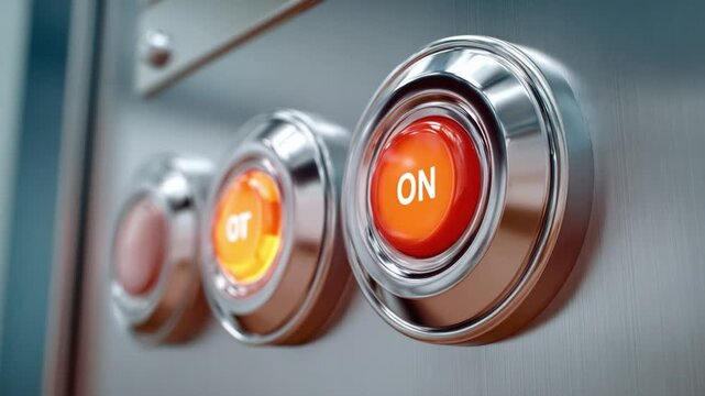 Engaged: A close-up shot of a metallic control panel with three buttons, with a red button labeled ON illuminated, signifying activation, and readiness.
