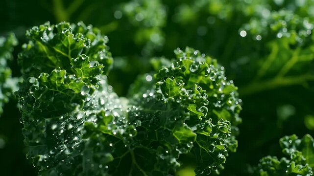 Close-up macro shot of fresh, healthy, organic kale leaves glistening with morning dew, showcasing vibrant green texture and intricate vein patterns in natural light