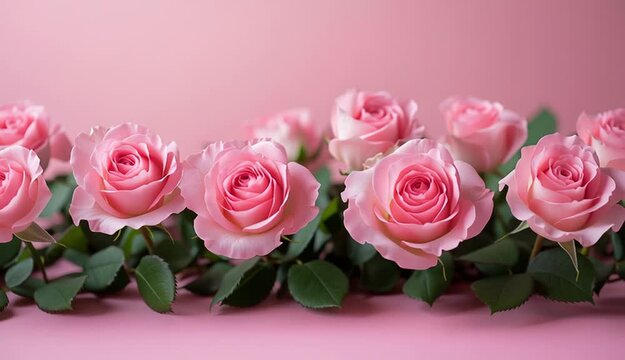 Row of soft pink roses arranged along bottom edge, pastel pink gradient background, green leaves visible, romantic floral border composition
