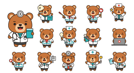 Fototapeta premium Cute Bear Doctor Cartoon Character Poses Set