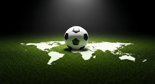 Soccer Ball on World Map Grass Field.