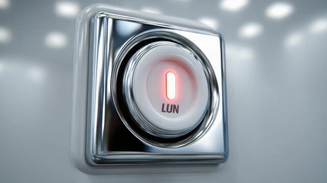 Illuminated Button: A close-up shot of a modern, chrome-finished button with the word LUN prominently displayed, subtly emitting a warm, inviting glow.