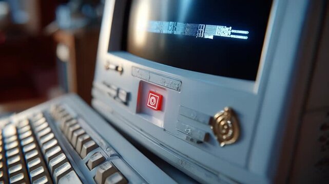 Vintage Computer: A close-up shot of a classic, retro-style computer displays a captivating glimpse into the past. Capturing the technology's sleek design and the nostalgic charm.
