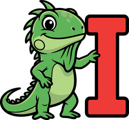 Obraz premium Cute green iguana cartoon character holding letter i alphabet illustration