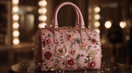 Elegant pink floral handbag with pearl accents luxury fashion accessory for women stylish purse design