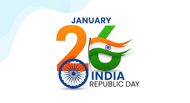 Creative graphic design illustrating the celebration of India Republic Day on January 26 featuring vibrant colors of the national flag and the Ashok Chakra wheel symbol prominently displayed near the 