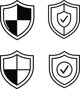 Four shield icons with checkmarks and divided sections on a white background Keywords: shield, security, protection, safety
