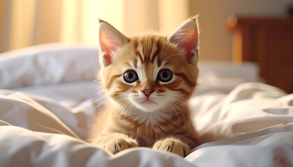 An orange tabby kitten with big eyes lies on white bedding, lit by soft light from a window or lamp