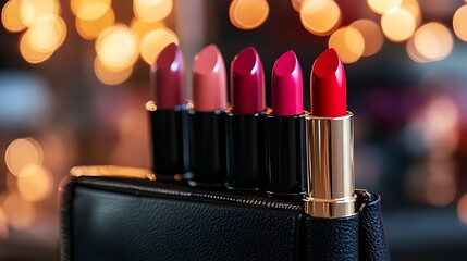 A set of fashionable lipsticks and a black handbag clutch