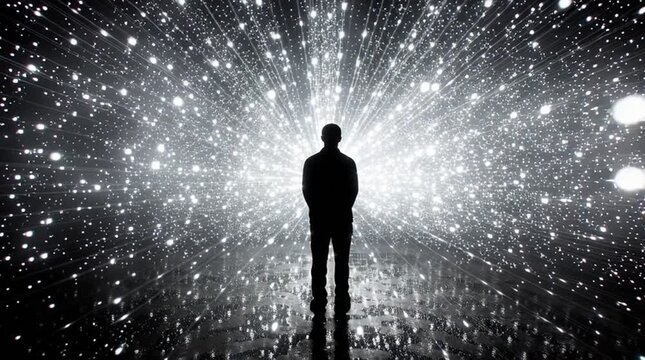 Human silhouette surrounded by hyper-visible light particles floating in space, with depth and scale intensified to emphasize heightened perception, awareness, and an abstract sensory environment.
