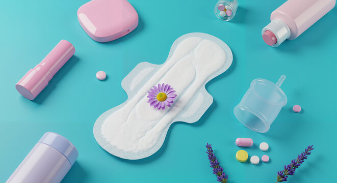Menstrual pad and hygiene products arranged on teal background  