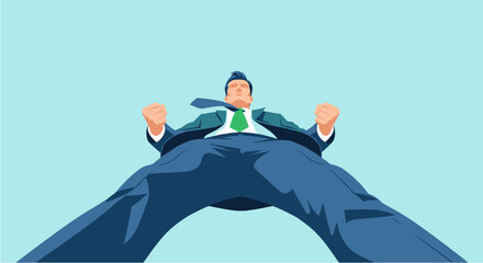 A low-angle, wide-perspective illustration of a confident, powerful businessman standing with fists clenched, exuding strength and determination.