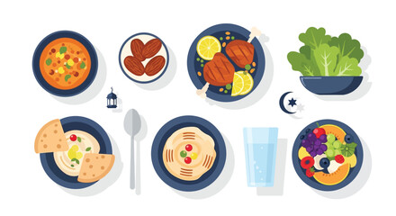 Assortment of traditional middle eastern iftar meal components ready for breaking the fast