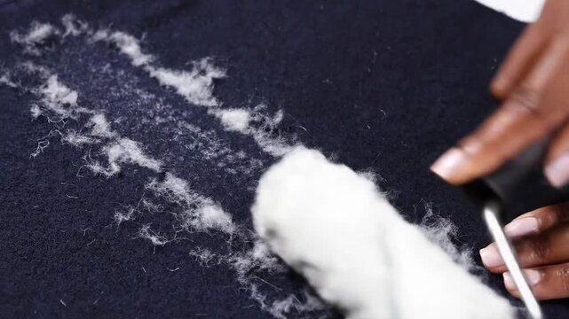 Close-up of a person using a lint roller to remove fuzz from dark fabric.