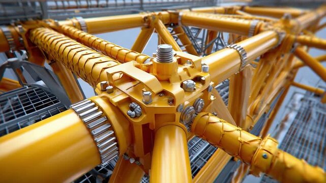 Mechanical Harmony: A close-up shot revealing the intricate interplay of steel structures in industrial construction. showcasing the precision engineering and robust design of a modern crane.