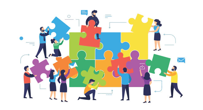Diverse business team collaborates effectively by placing colorful puzzle pieces together for success