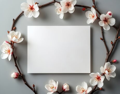 White greeting card rests near blooming branches with delicate white cherry blossoms. A clean, empty space awaits your message, perfect for invitations or personal notes.