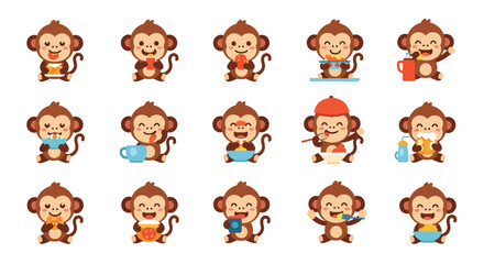 Fototapeta premium Cartoon Monkey Character Set Drinking and Eating