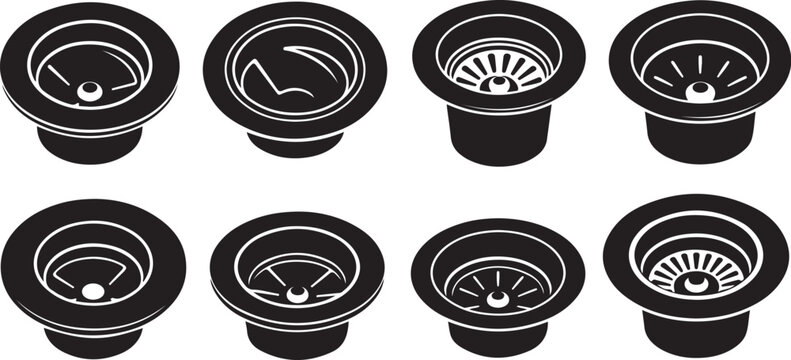 Eight black and white sink drain designs illustrated together