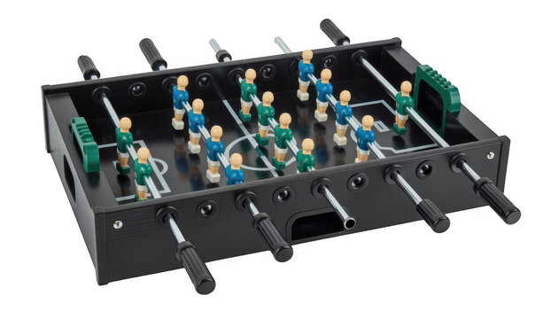 Black foosball table with green and blue players game isolated on a transparent background