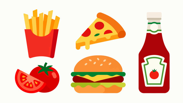 Fast food icons including burger fries pizza ketchup
