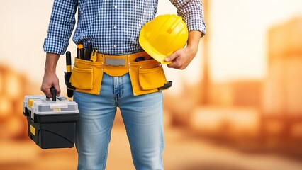 Construction worker with tool belt and hard hat