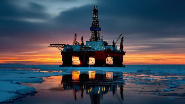 Oil Rig in Arctic Majesty: An imposing oil rig stands tall amidst the icy expanse of the Arctic, its silhouette starkly contrasted against the fiery hues of the setting sun.