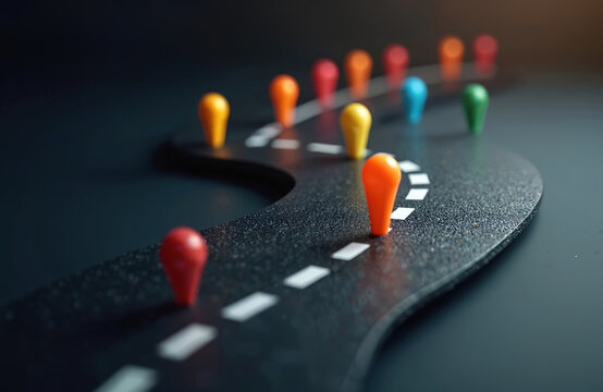 Colorful markers on winding road path show journey progress and future goals. This visual metaphor represents strategy planning and decision making for business growth and life.