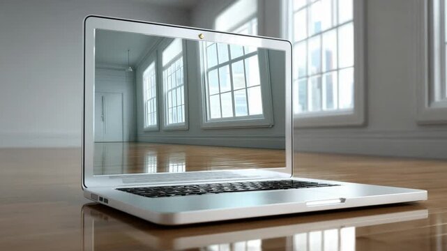 Window's View in Screen: A laptop sits elegantly on a wooden floor. The screen displays a bright room, showcasing a tranquil indoor setting with window, presenting a digital window to the world.
