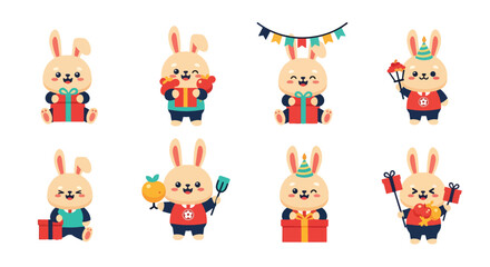 Obraz premium Set of Cute Cartoon Rabbits Celebrating