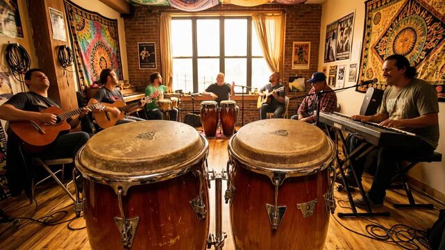 pair of conga drums positioned in latin music rehearsal room, with rhythm atmosphere video