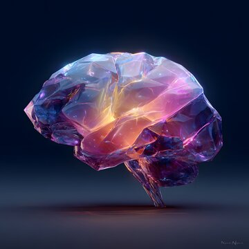 A mesmerizing and unique depiction of a crystal brain, glowing with vibrant colors. The intricate facets of the brain reflect light